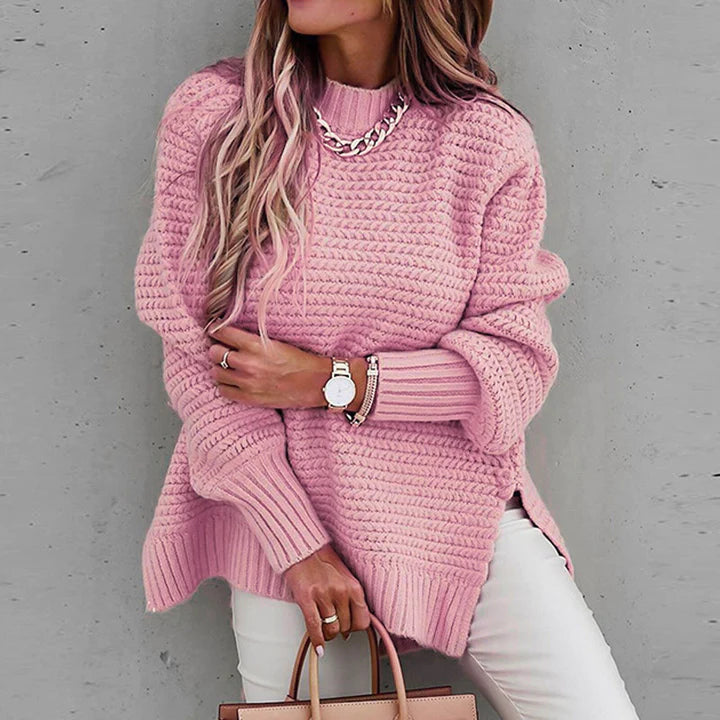 Women's Oversized Knit Sweater - Crew Neck Long Sleeve Side Slit