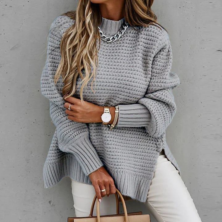 Women's Oversized Knit Sweater - Crew Neck Long Sleeve Side Slit