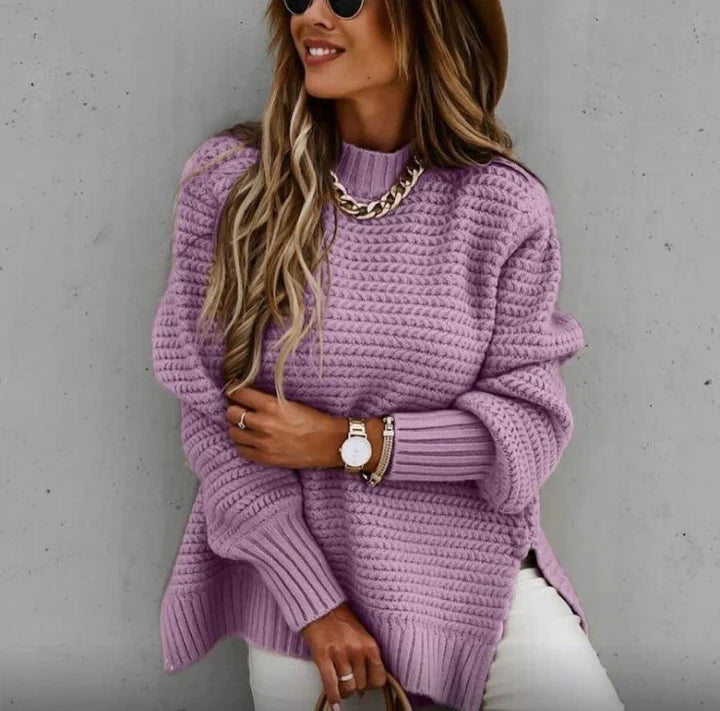 Women's Oversized Knit Sweater - Crew Neck Long Sleeve Side Slit