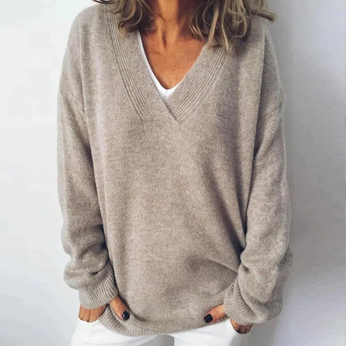 Women's Oversized V-Neck Knit Sweater - Drop Shoulder Long Sleeve Pullover