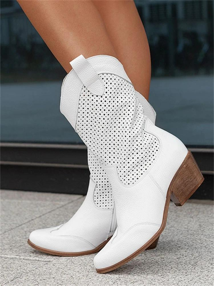 Women's Perforated Western Boots - Pointed Toe Block Heel Boot
