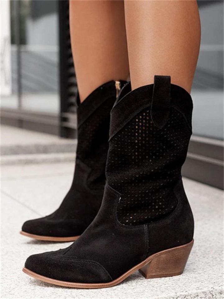Women's Perforated Western Boots - Pointed Toe Block Heel Boot