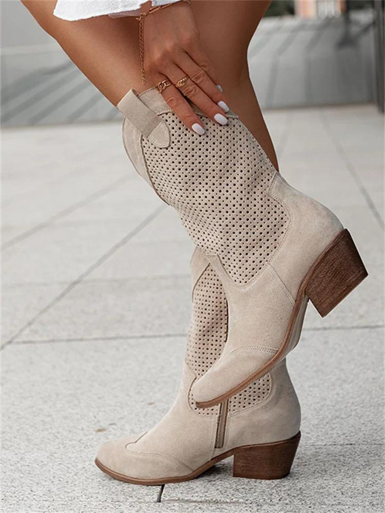 Women's Perforated Western Boots - Pointed Toe Block Heel Boot