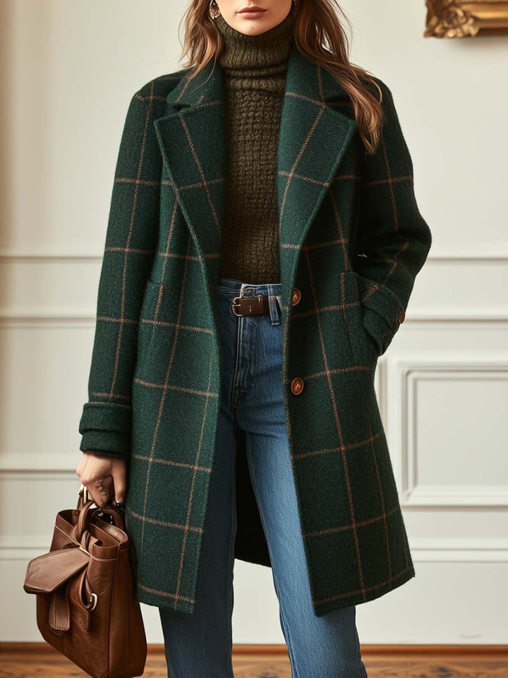 Women's Plaid Wool-Blend Coat - Notched Lapel Single Button Midi Length