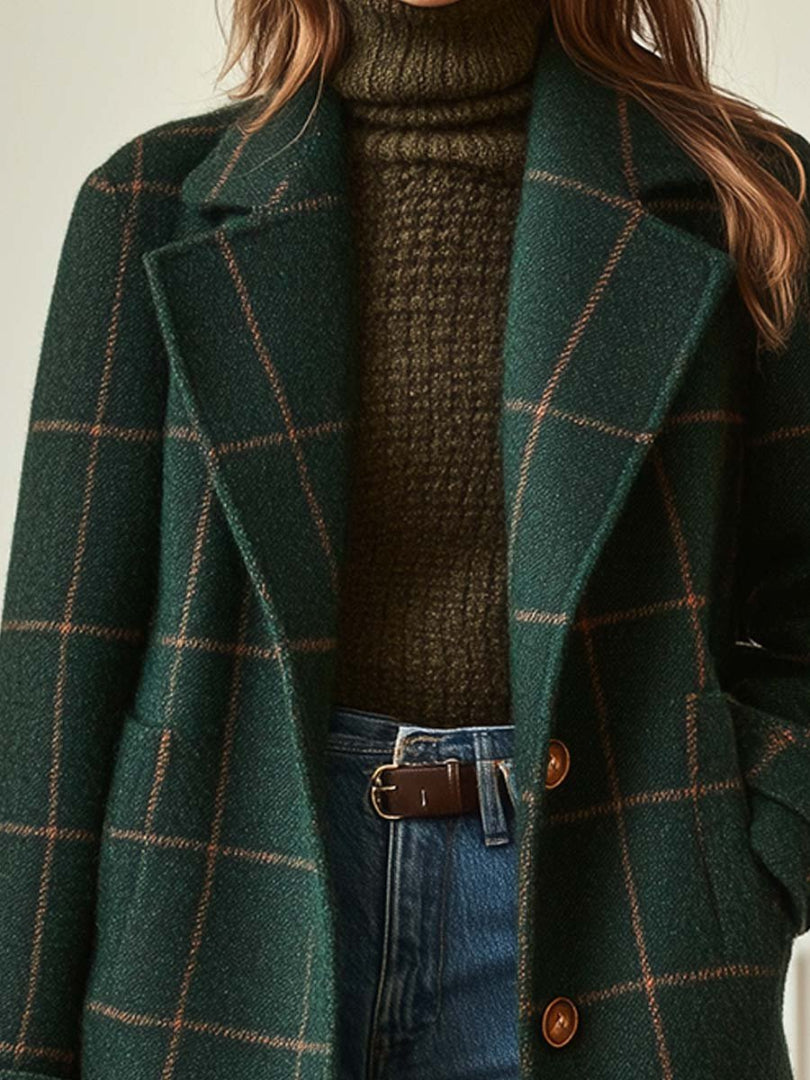 Women's Plaid Wool-Blend Coat - Notched Lapel Single Button Midi Length