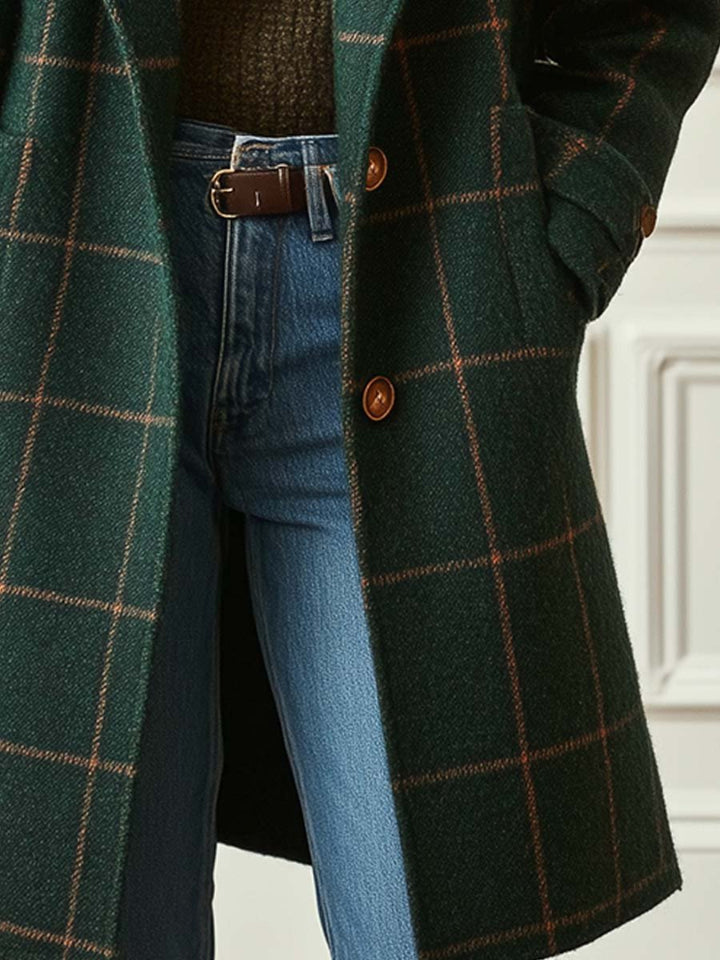 Women's Plaid Wool-Blend Coat - Notched Lapel Single Button Midi Length