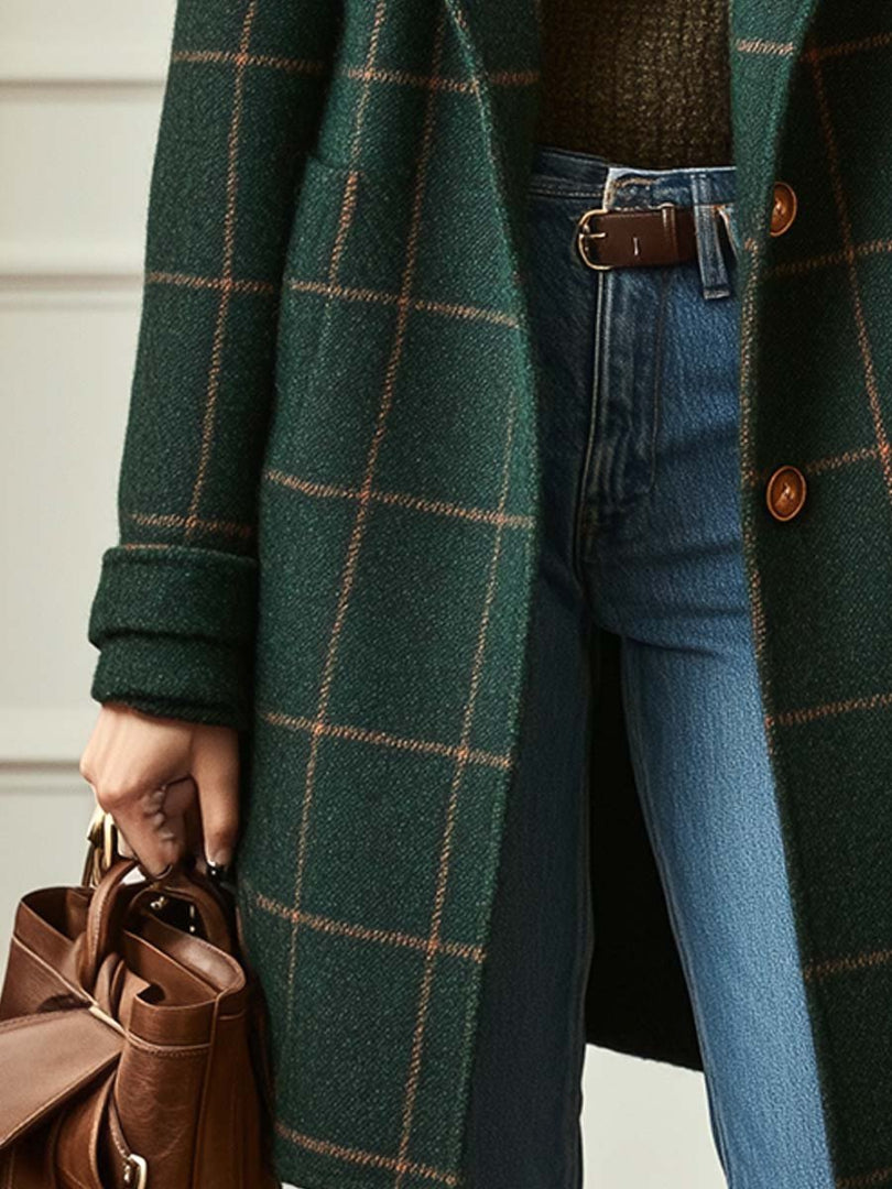 Women's Plaid Wool-Blend Coat - Notched Lapel Single Button Midi Length