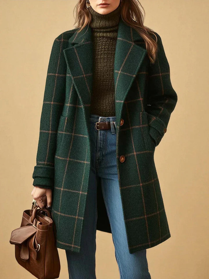 Women's Plaid Wool-Blend Coat - Notched Lapel Single Button Midi Length