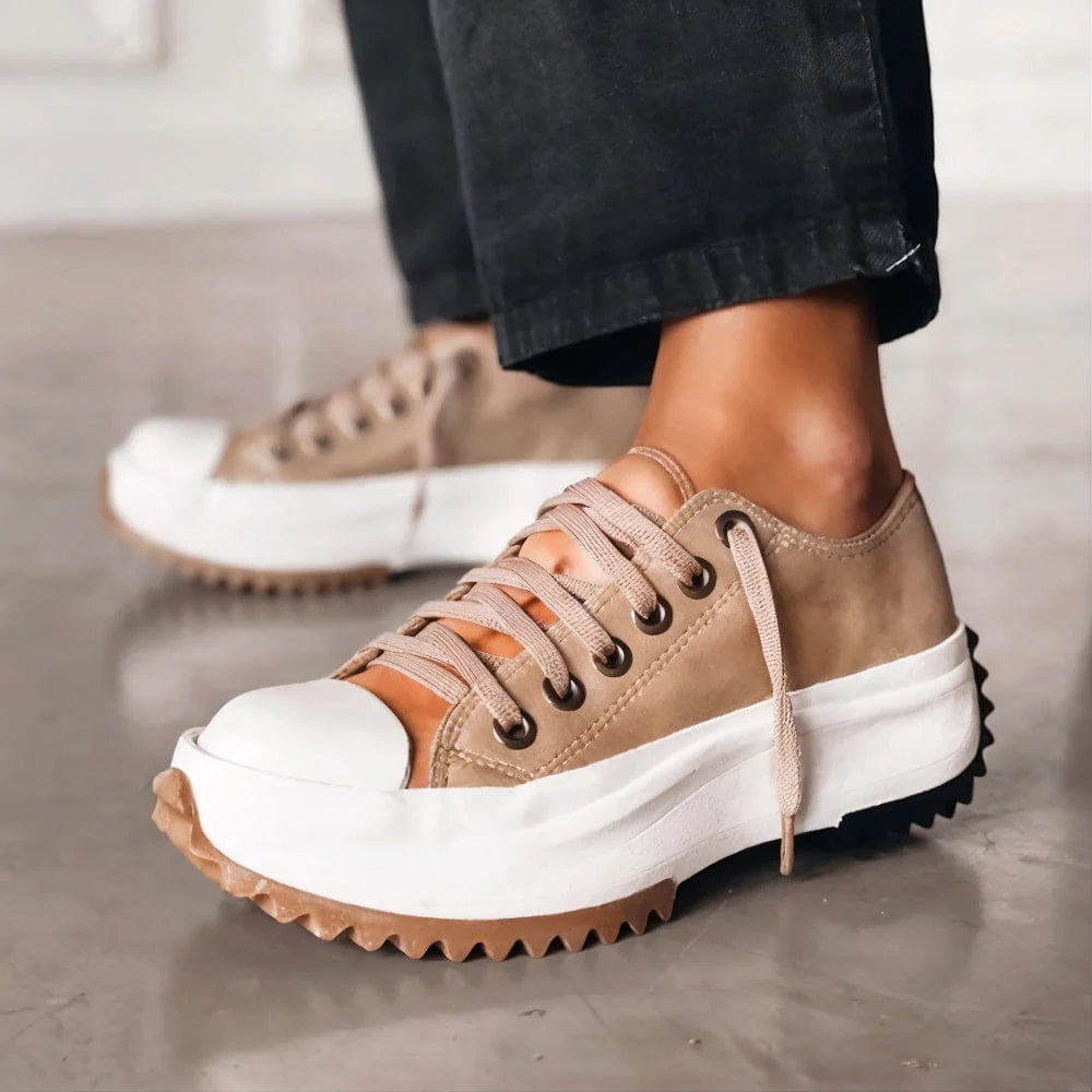 Women's Platform Canvas Sneakers - Low Top Lace-Up Chunky Sole Trainers