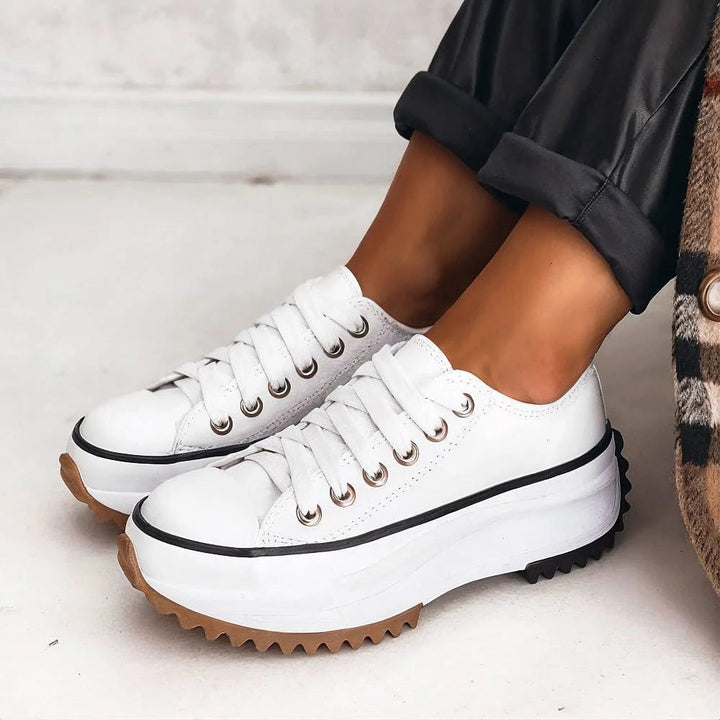 Women's Platform Canvas Sneakers - Low Top Lace-Up Chunky Sole Trainers