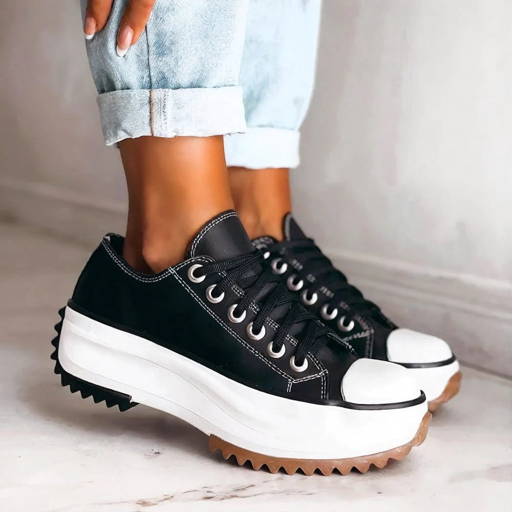 Women's Platform Canvas Sneakers - Low Top Lace-Up Chunky Sole Trainers