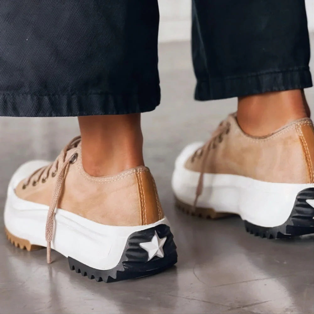 Women's Platform Canvas Sneakers - Low Top Lace-Up Chunky Sole Trainers