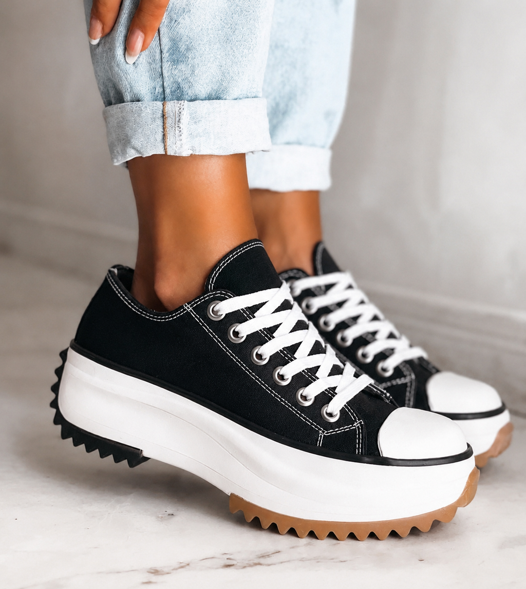Women's Platform Canvas Sneakers - Low Top Lace-Up Chunky Sole Trainers