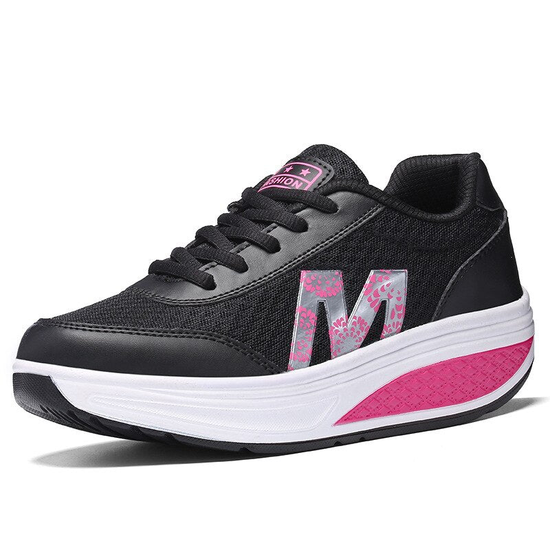 Women's Platform Wedge Sneakers - Lace-Up Mesh Upper Rocker Sole Trainers