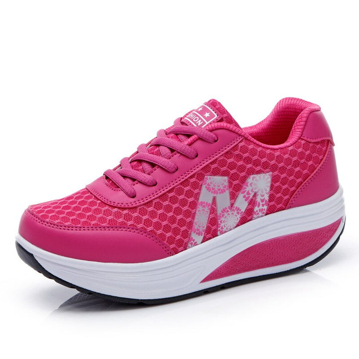 Women's Platform Wedge Sneakers - Lace-Up Mesh Upper Rocker Sole Trainers