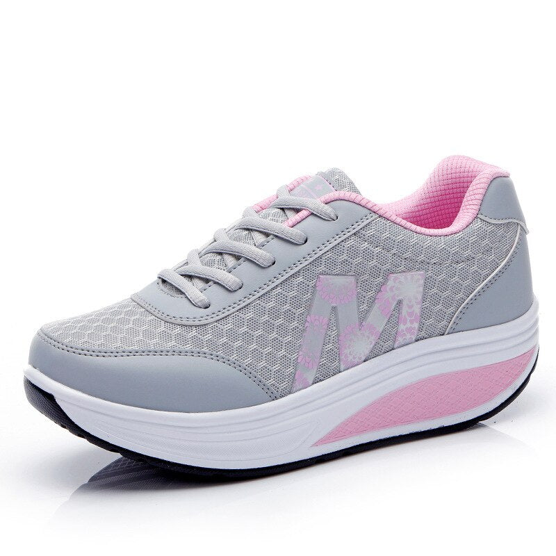 Women's Platform Wedge Sneakers - Lace-Up Mesh Upper Rocker Sole Trainers