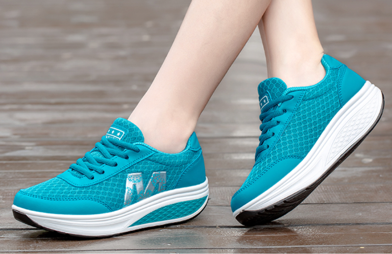 Women's Platform Wedge Sneakers - Lace-Up Mesh Upper Rocker Sole Trainers