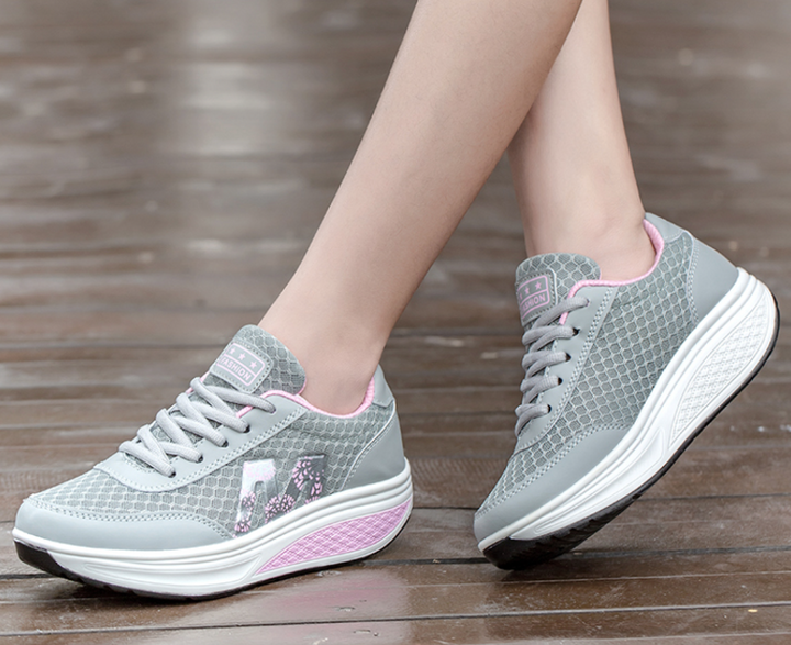 Women's Platform Wedge Sneakers - Lace-Up Mesh Upper Rocker Sole Trainers