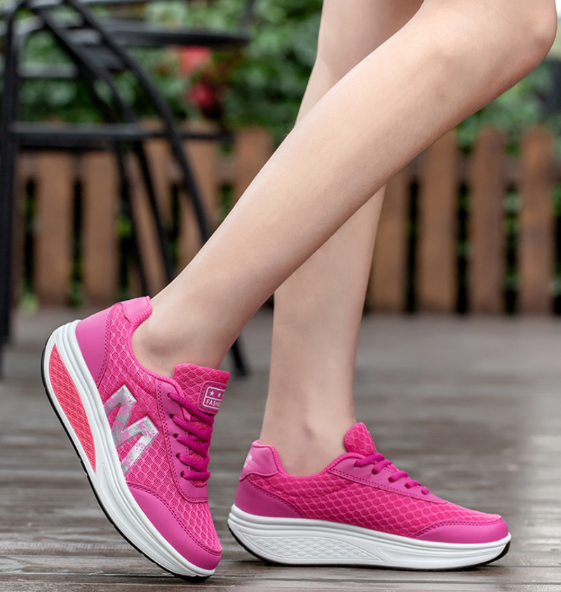 Women's Platform Wedge Sneakers - Lace-Up Mesh Upper Rocker Sole Trainers