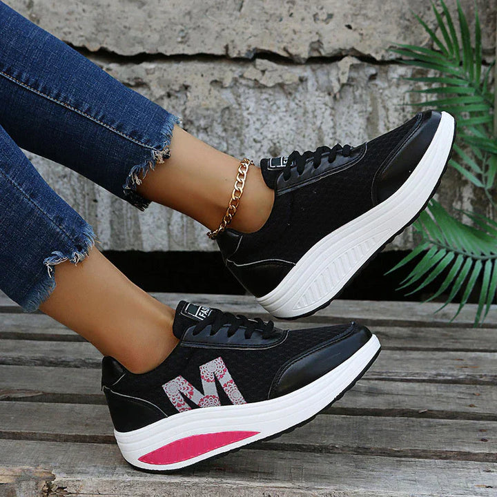 Women's Platform Wedge Sneakers - Lace-Up Mesh Upper Rocker Sole Trainers