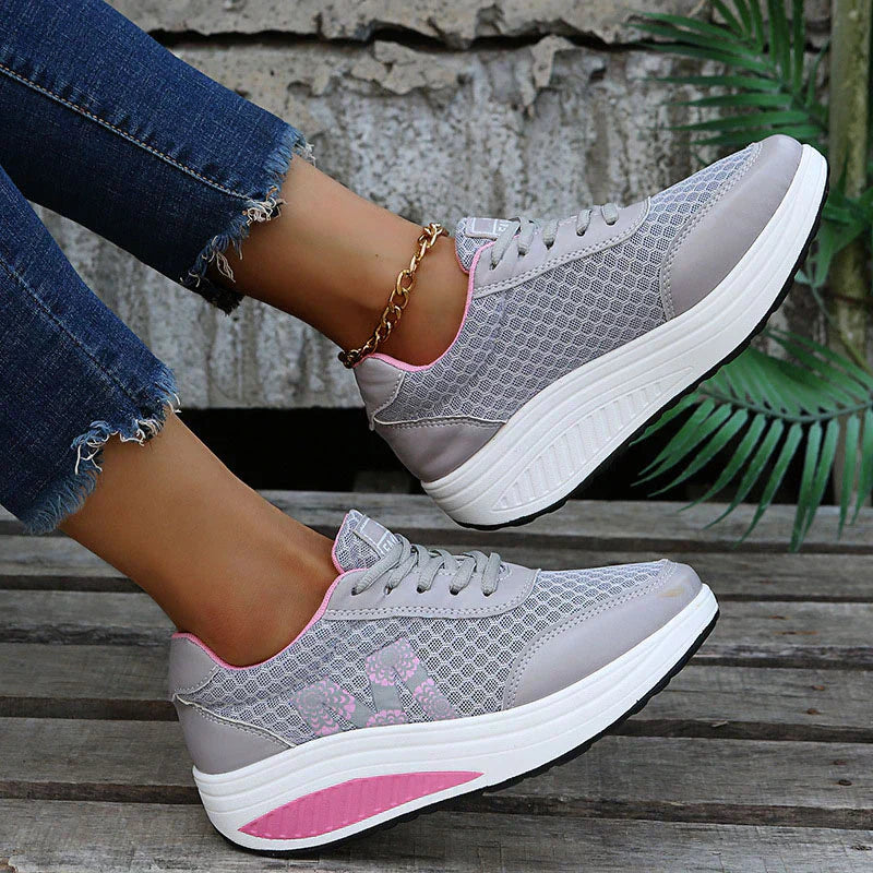 Women's Platform Wedge Sneakers - Lace-Up Mesh Upper Rocker Sole Trainers