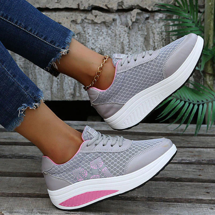 Women's Platform Wedge Sneakers - Lace-Up Mesh Upper Rocker Sole Trainers