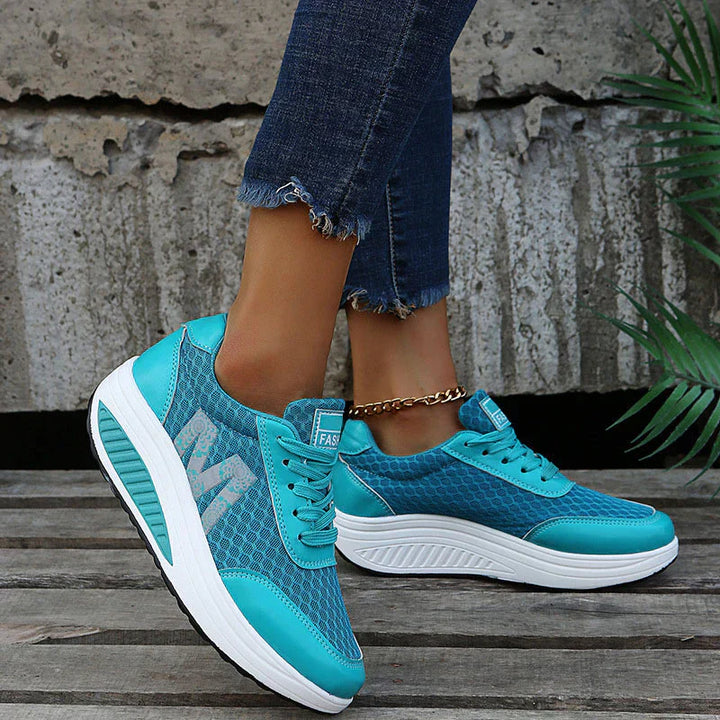 Women's Platform Wedge Sneakers - Lace-Up Mesh Upper Rocker Sole Trainers