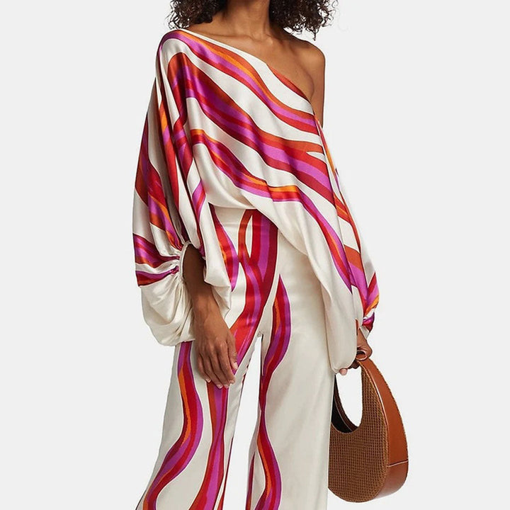 Women's Printed Two Piece Set Off Shoulder Top And Wide Leg Pants