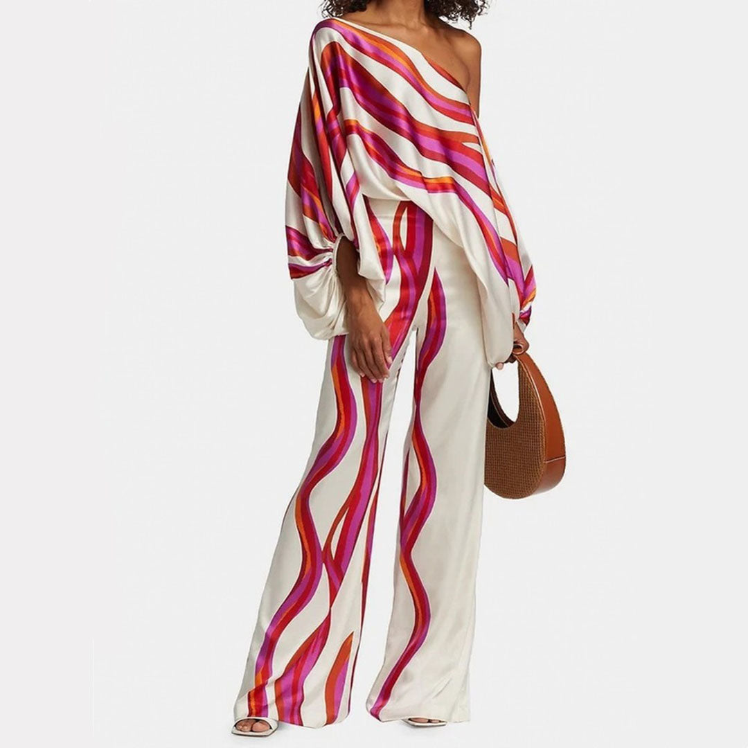 Women's Printed Two Piece Set Off Shoulder Top And Wide Leg Pants