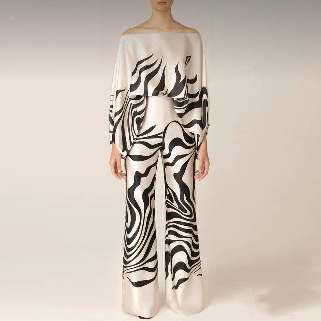 Women's Printed Two Piece Set Off Shoulder Top And Wide Leg Pants