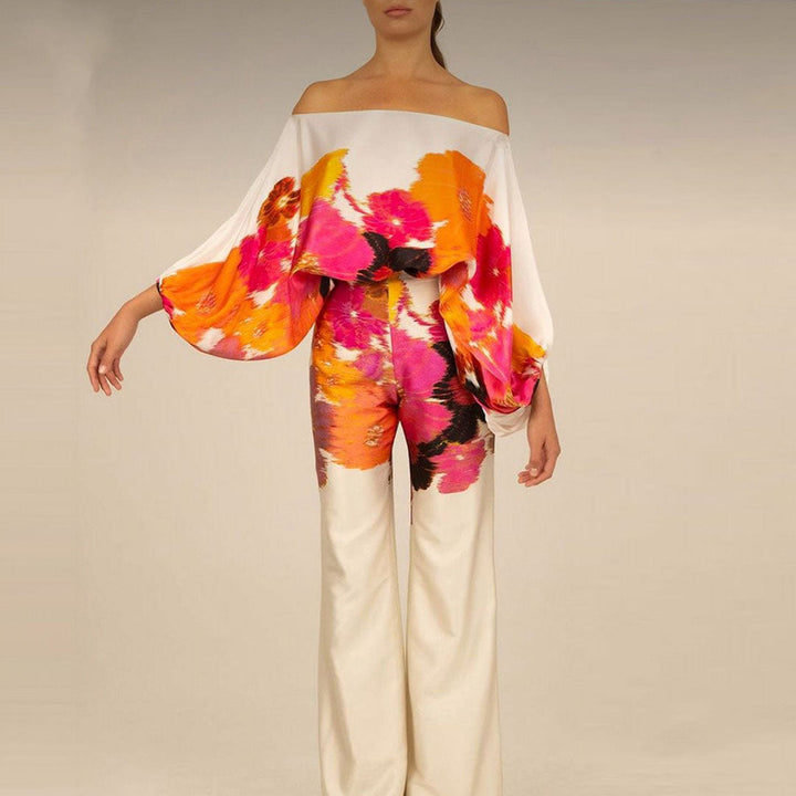 Women's Printed Two Piece Set Off Shoulder Top And Wide Leg Pants