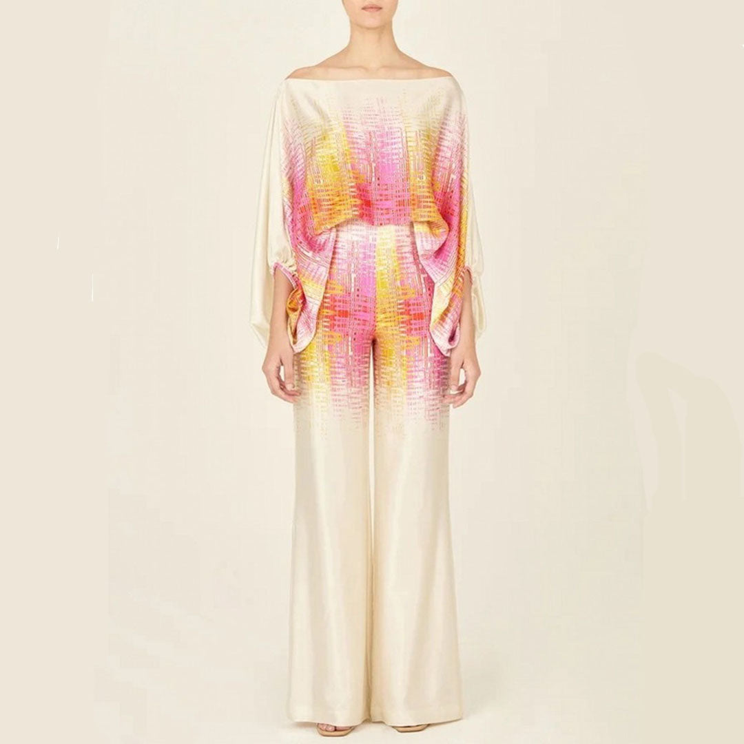 Women's Printed Two Piece Set Off Shoulder Top And Wide Leg Pants