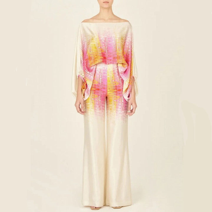 Women's Printed Two Piece Set Off Shoulder Top And Wide Leg Pants