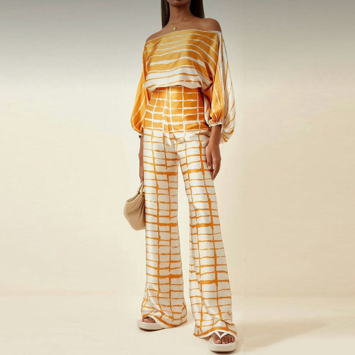  Women's Printed Two Piece Set Off Shoulder Top And Wide Leg Pants