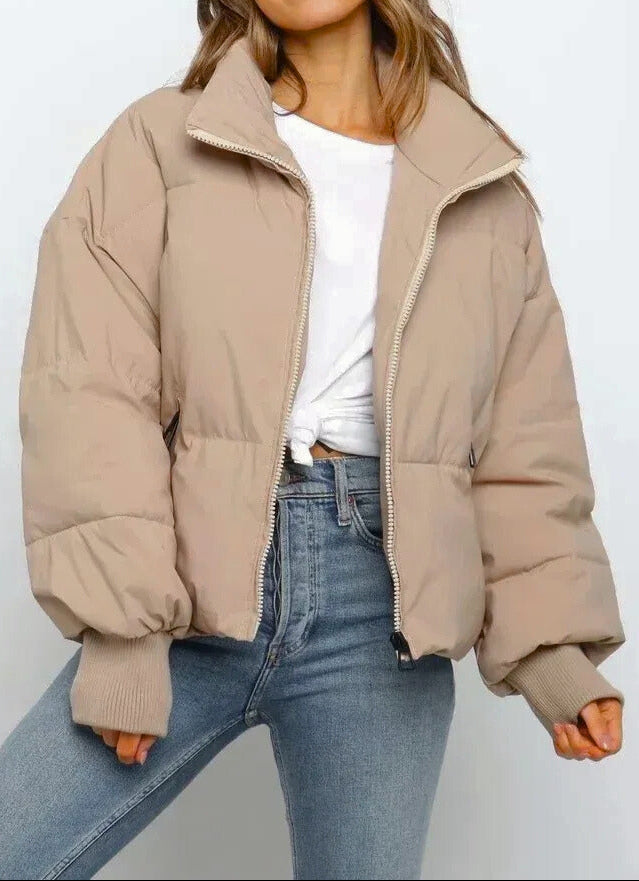Women's Cropped Puffer Jacket - Oversized Zip-Up Stand Collar Coat