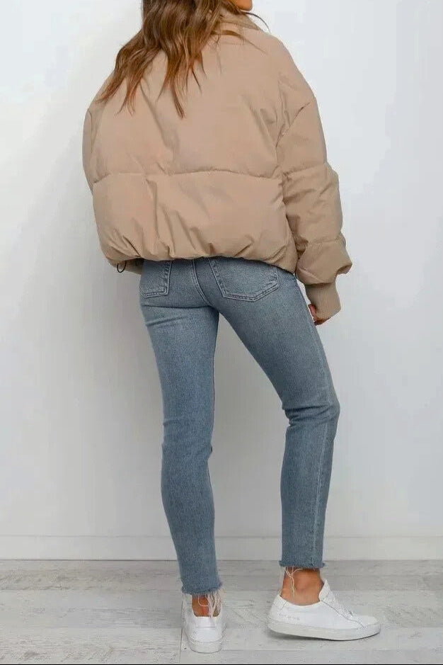 Women's Cropped Puffer Jacket - Oversized Zip-Up Stand Collar Coat
