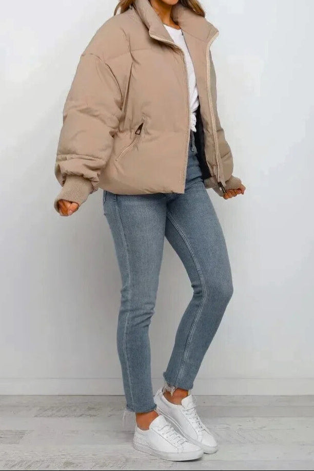 Women's Cropped Puffer Jacket - Oversized Zip-Up Stand Collar Coat