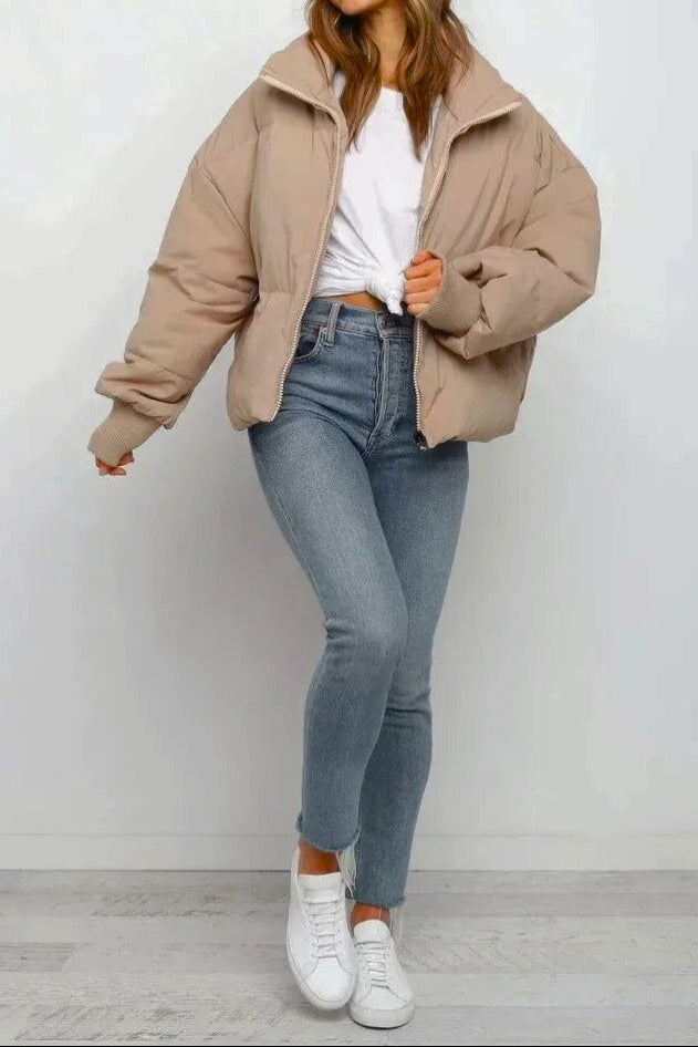 Women's Cropped Puffer Jacket - Oversized Zip-Up Stand Collar Coat