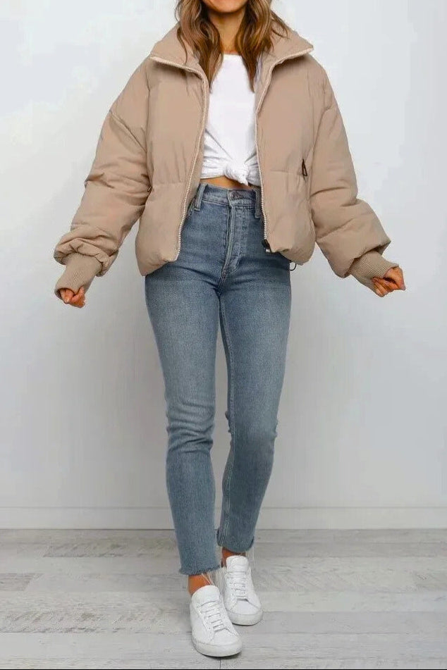 Women's Cropped Puffer Jacket - Oversized Zip-Up Stand Collar Coat