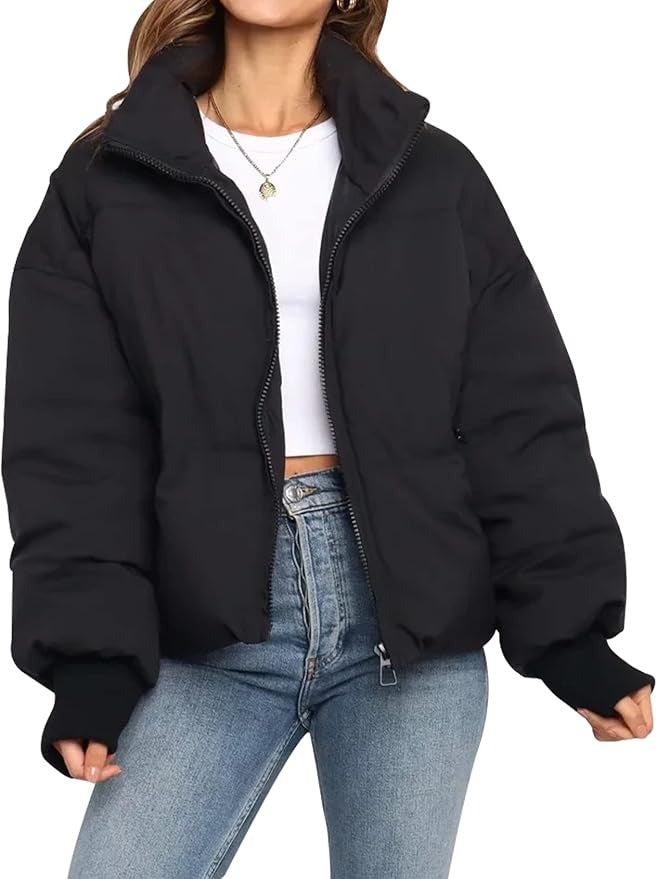 Women's Cropped Puffer Jacket - Oversized Zip-Up Stand Collar Coat