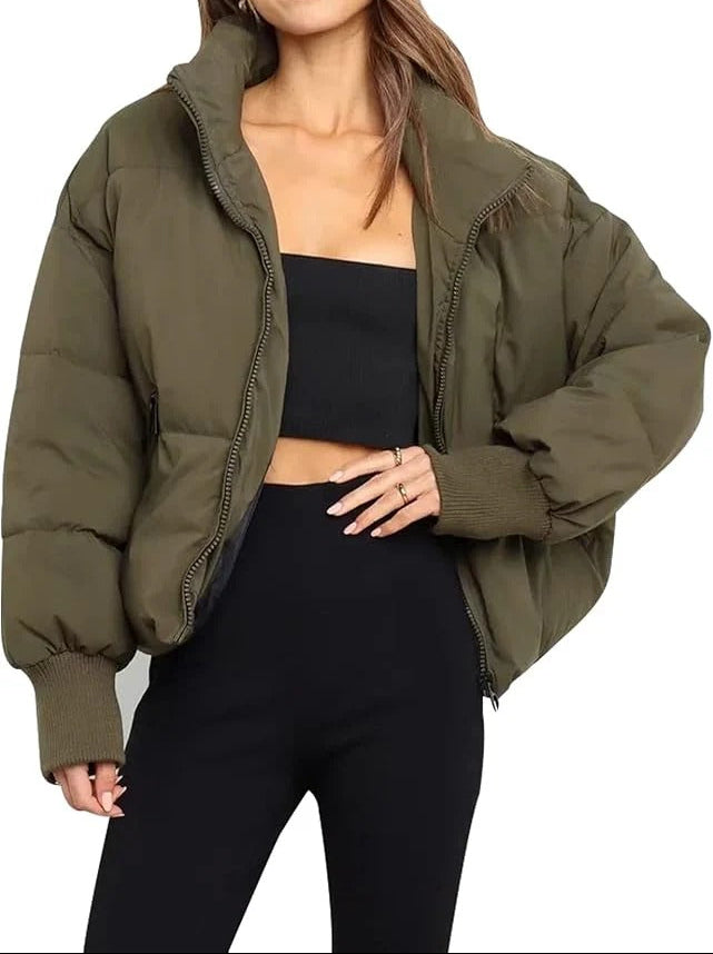 Women's Cropped Puffer Jacket - Oversized Zip-Up Stand Collar Coat