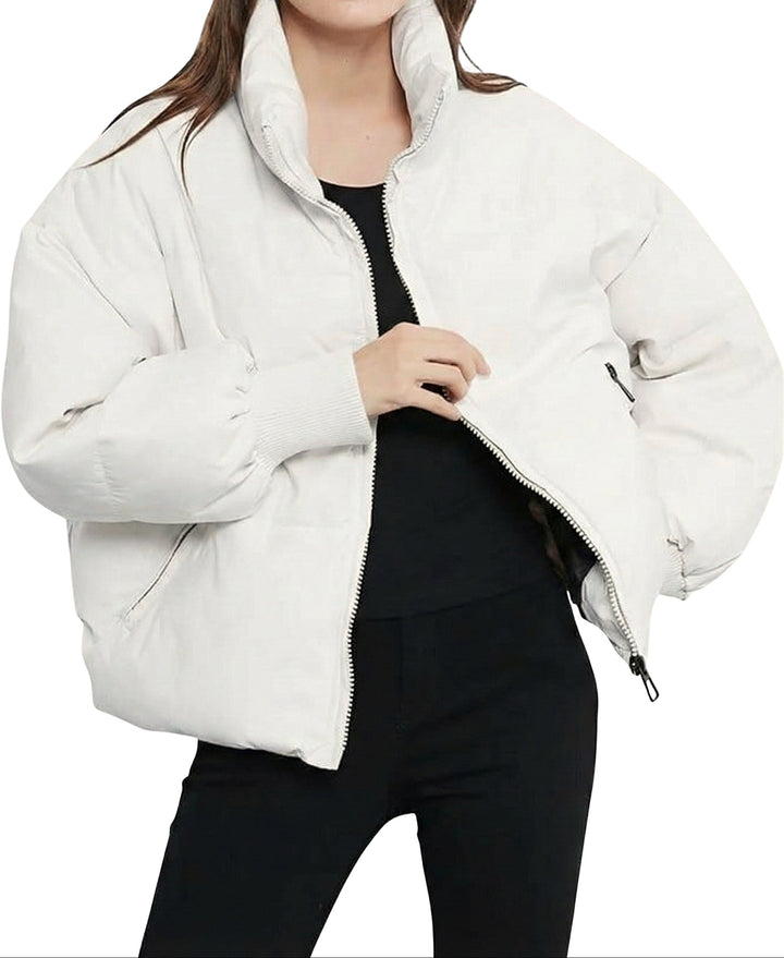 Women's Cropped Puffer Jacket - Oversized Zip-Up Stand Collar Coat