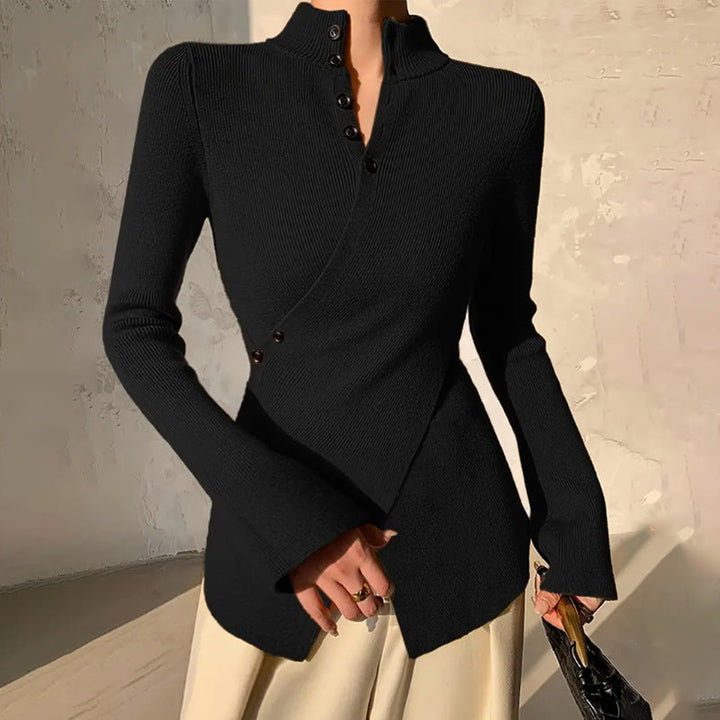 Women's Ribbed Knit Top - Mock Neck Asymmetric Button Placket