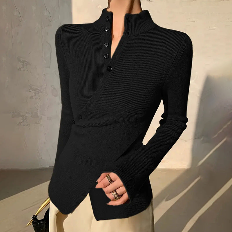 Women's Ribbed Knit Top - Mock Neck Asymmetric Button Placket