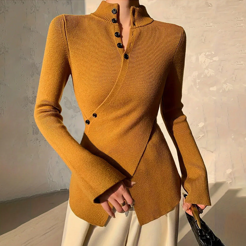 Women's Ribbed Knit Top - Mock Neck Asymmetric Button Placket