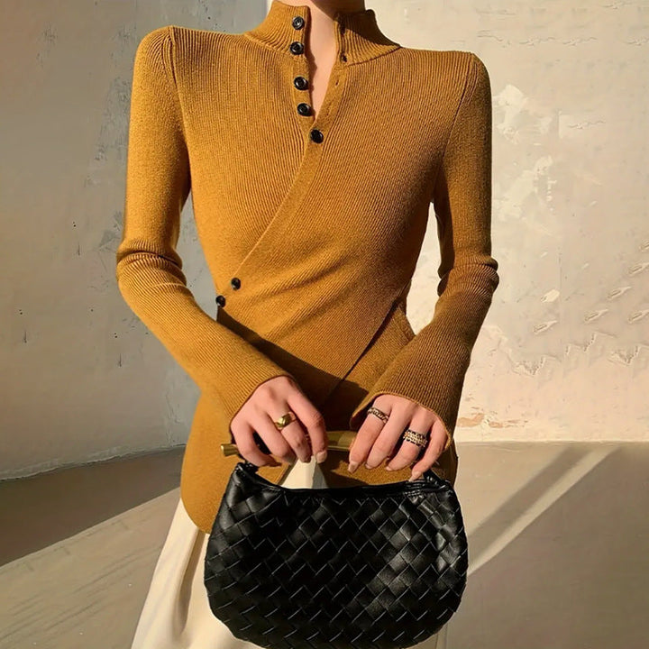 Women's Ribbed Knit Top - Mock Neck Asymmetric Button Placket