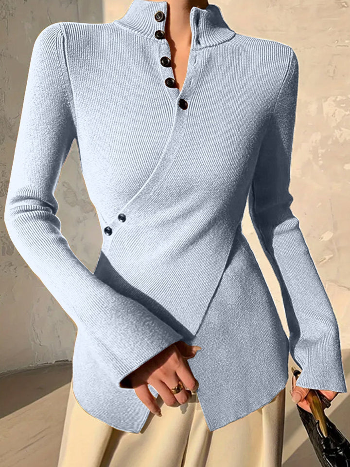 Women's Ribbed Knit Top - Mock Neck Asymmetric Button Placket