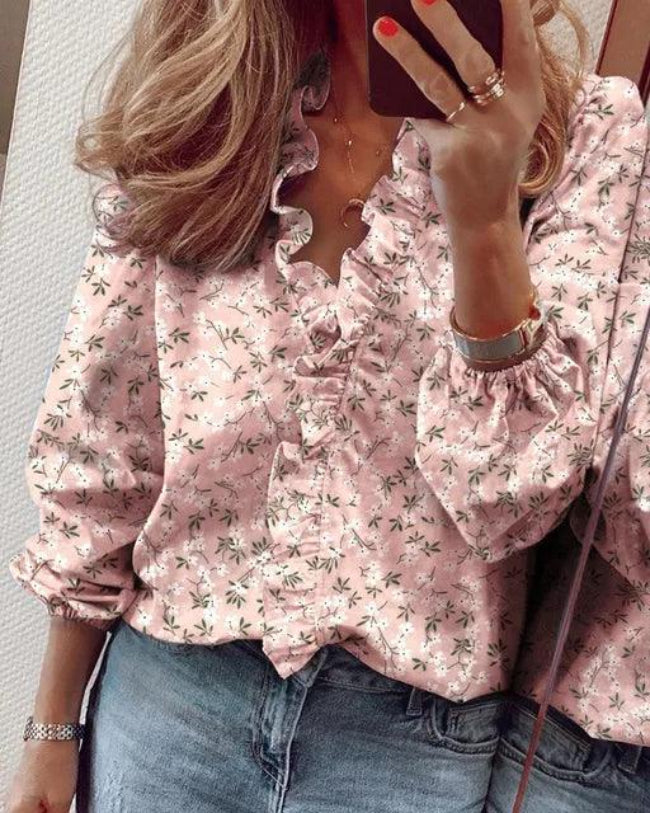 Women's Ruffle Trim Blouse - Long Sleeve V-Neck Button Front