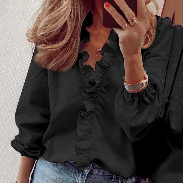 Women's Ruffle Trim Blouse - Long Sleeve V-Neck Button Front