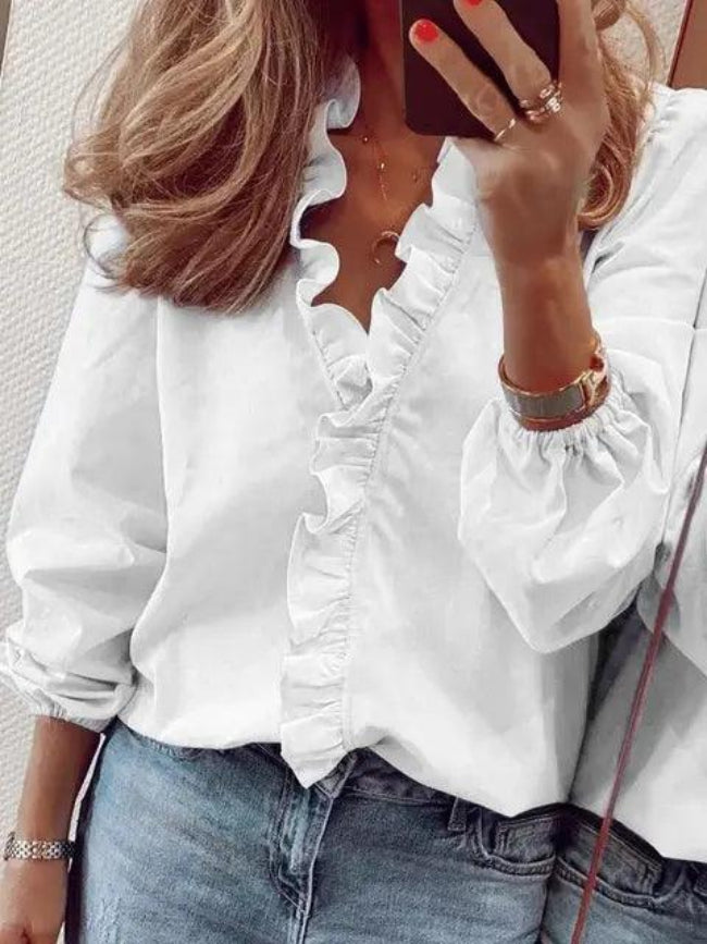 Women's Ruffle Trim Blouse - Long Sleeve V-Neck Button Front